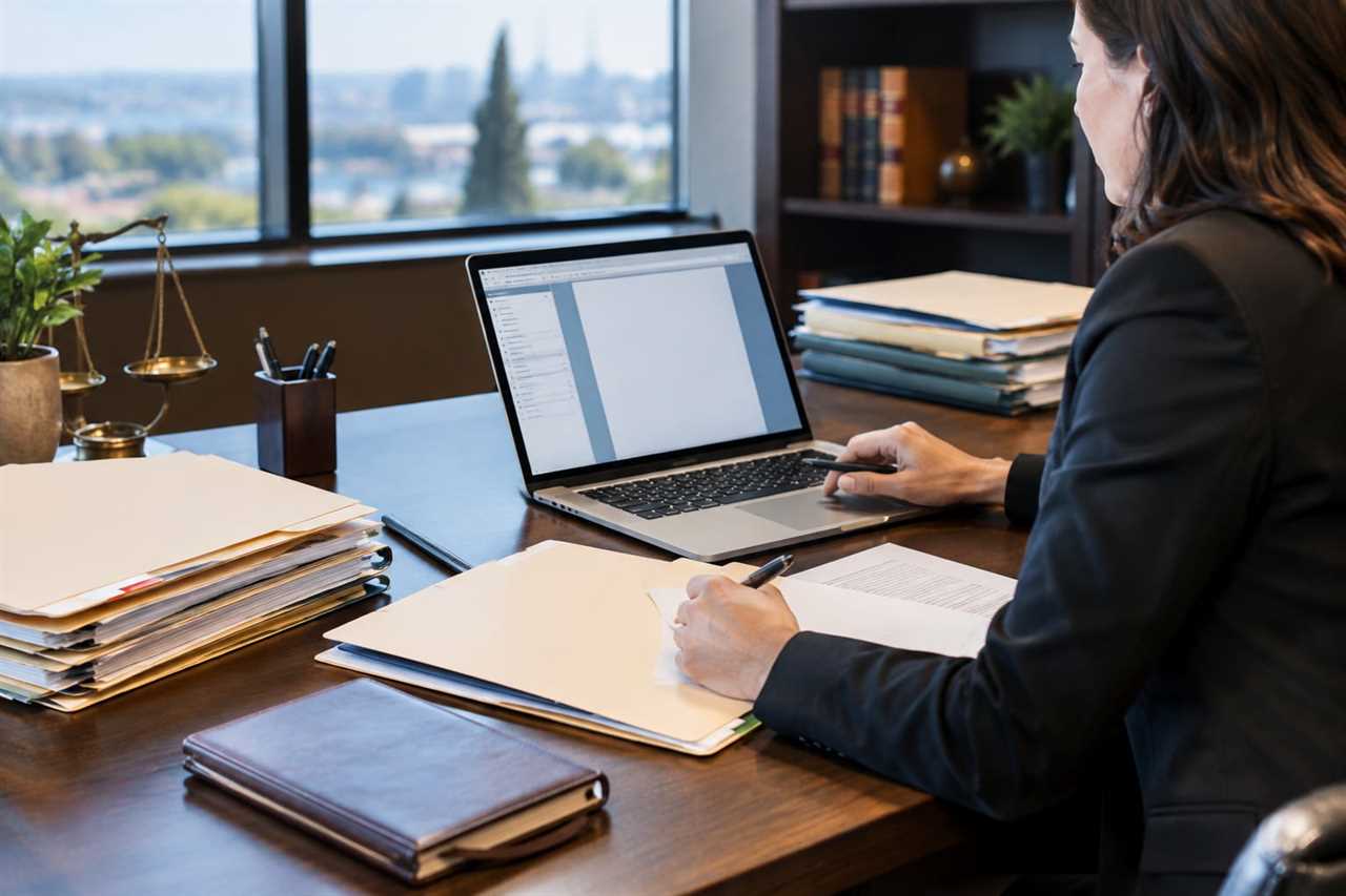 Attorney's desk with estate planning files and laptop