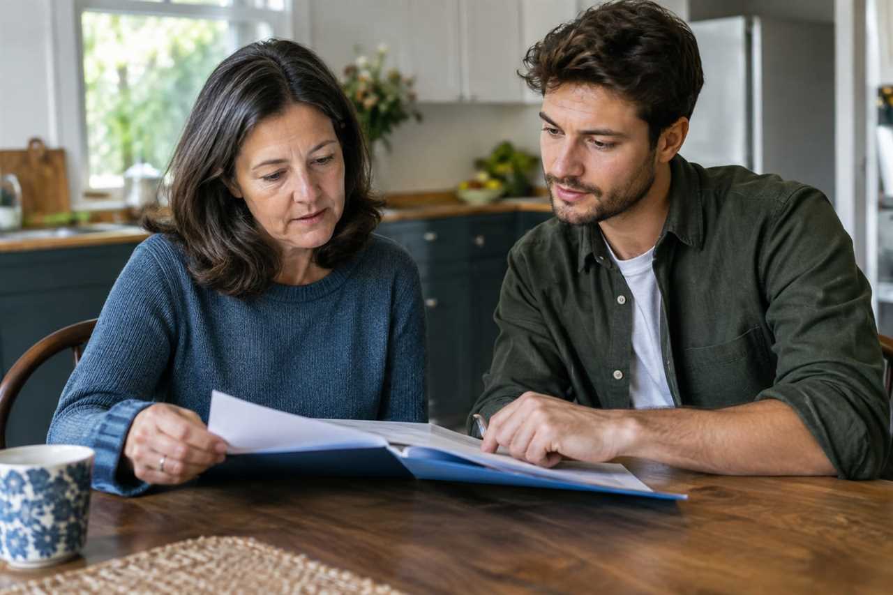 Parent and adult child discuss estate documents together
