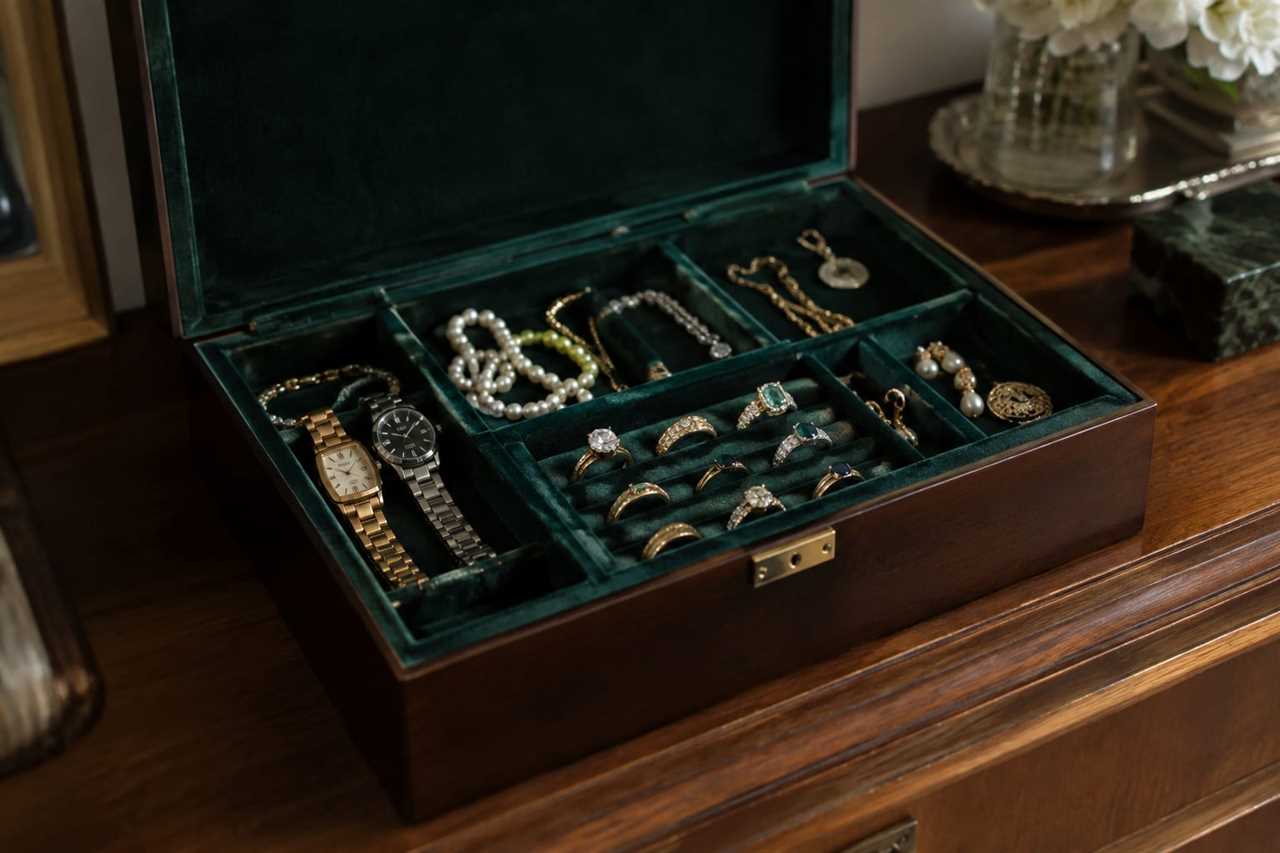 Heirloom jewelry box holding rings and necklaces.