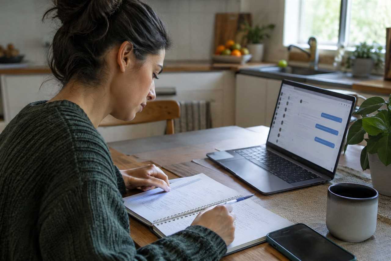 Person comparing budget notes with laptop screen